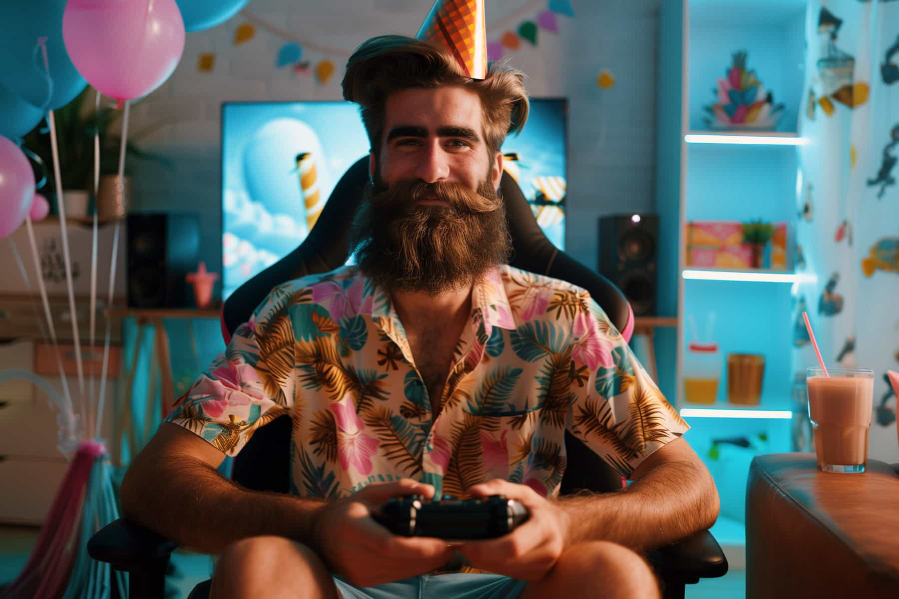 A person celebrating a birthday with a gaming setup