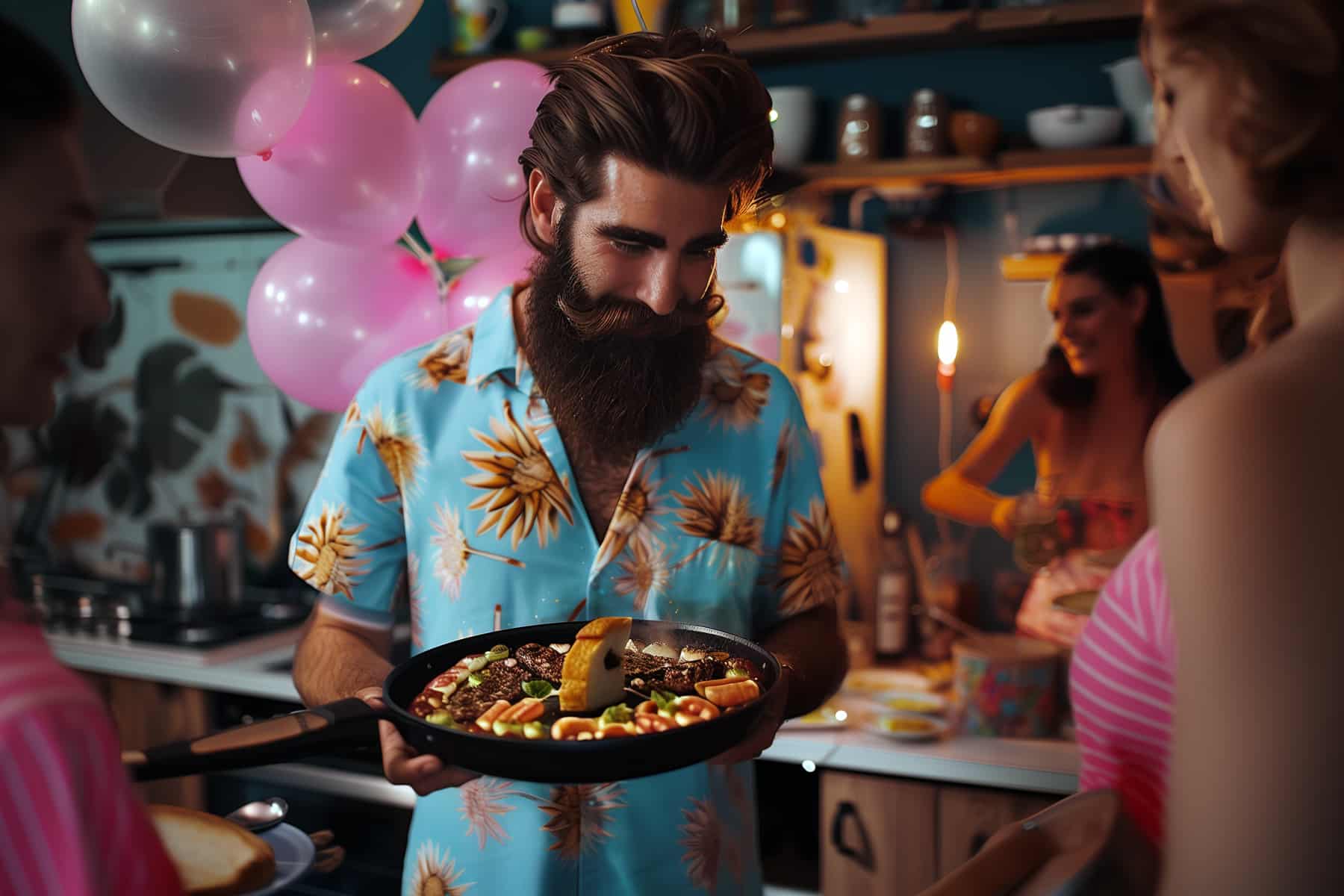 A person celebrating a birthday while cooking a gourmet meal