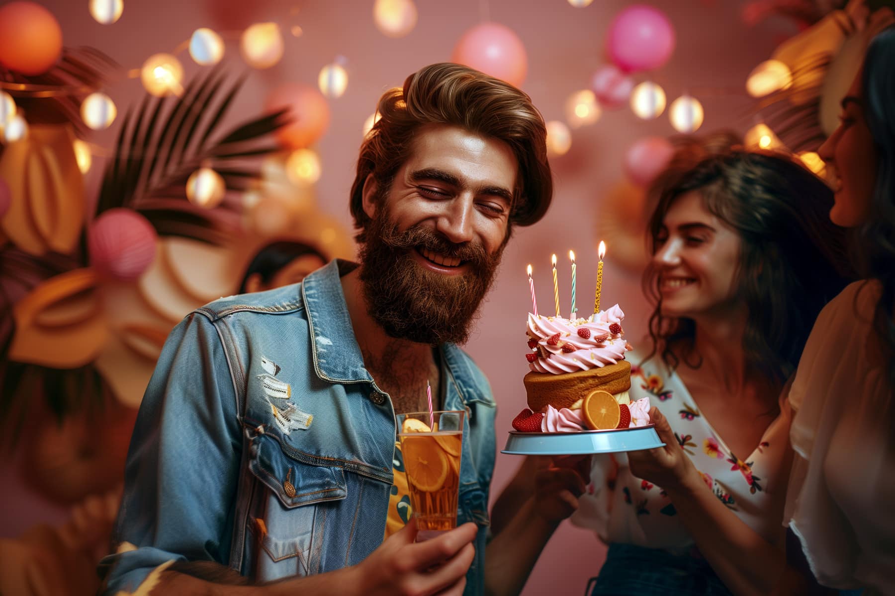Bearded man celebrating birthday with friends and cake