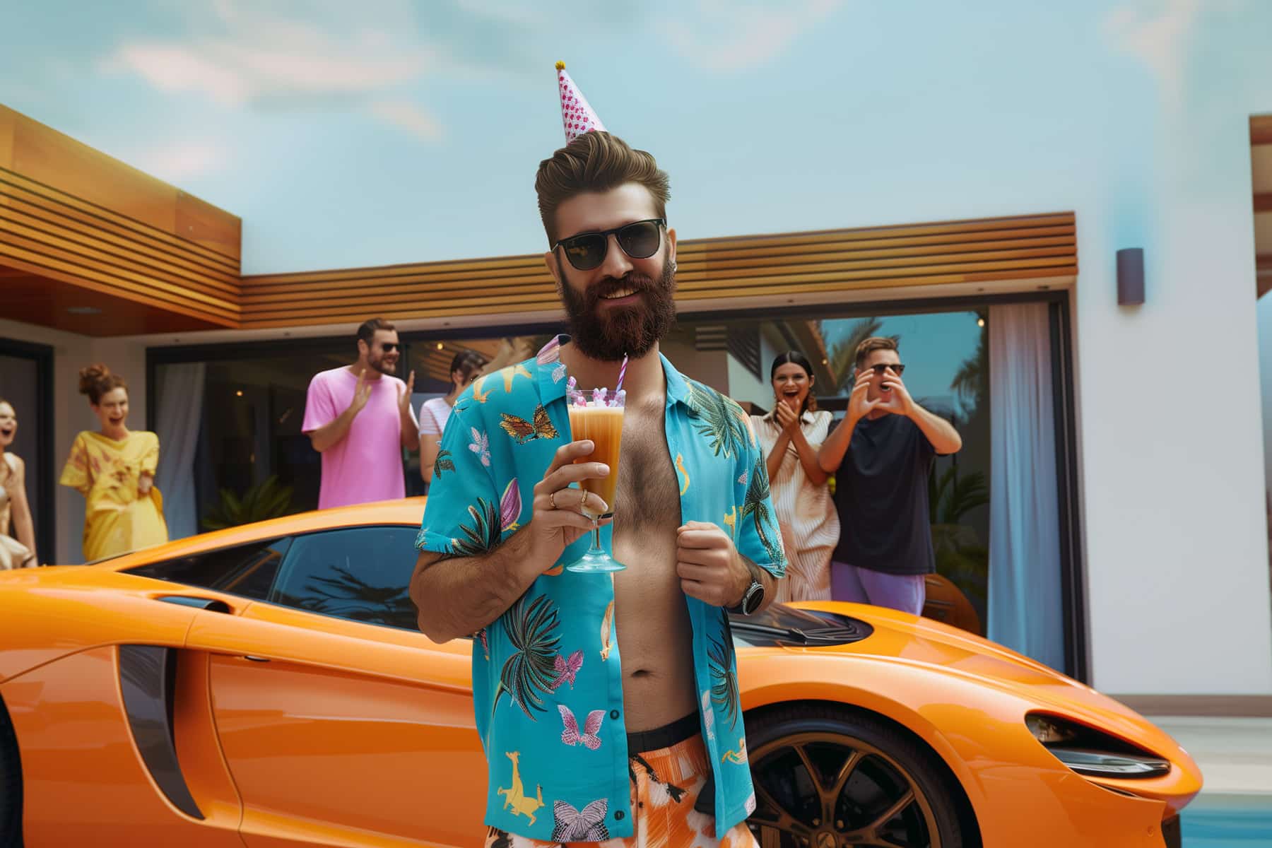Man celebrating birthday with friends and supercar.