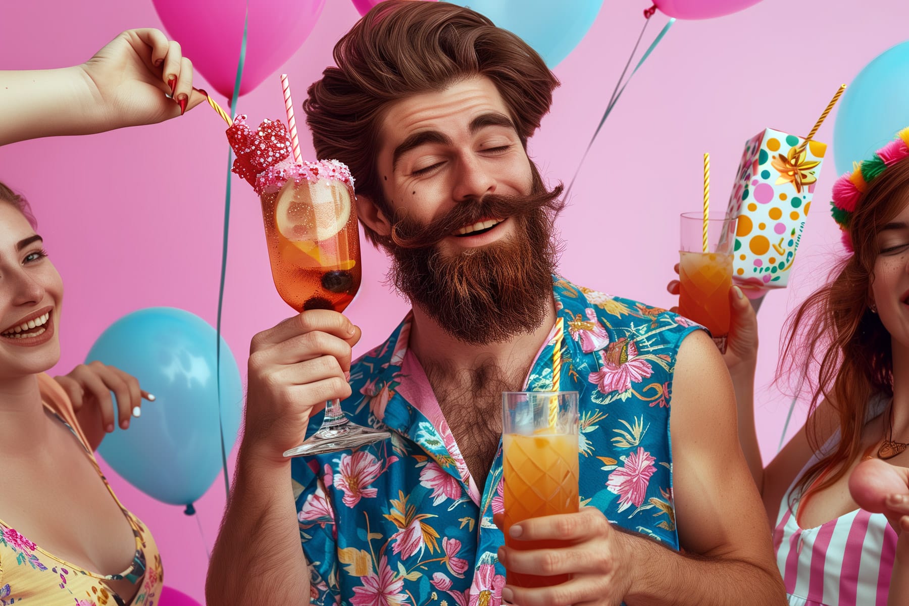 Bearded man celebrating birthday with friends and colorful drinks