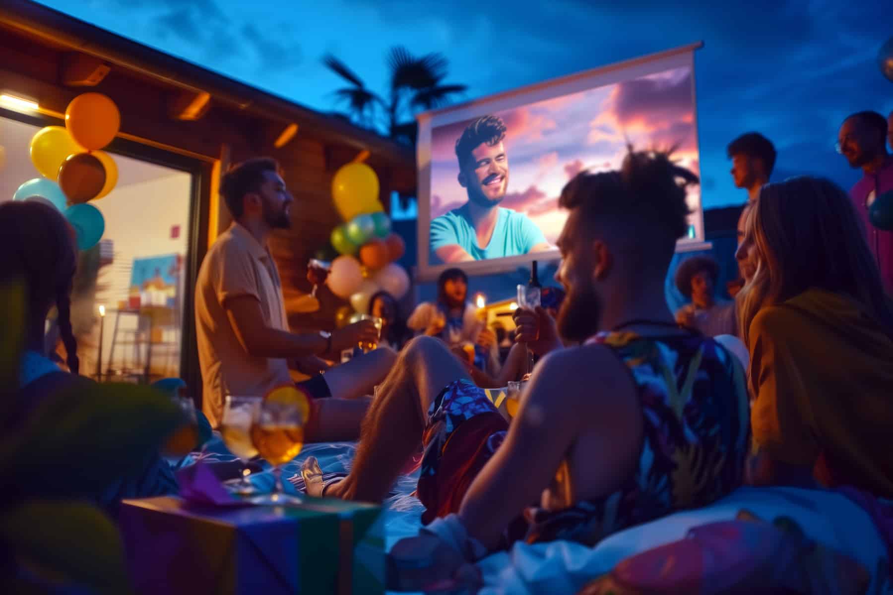 Friends enjoying outdoor movie night with a projector