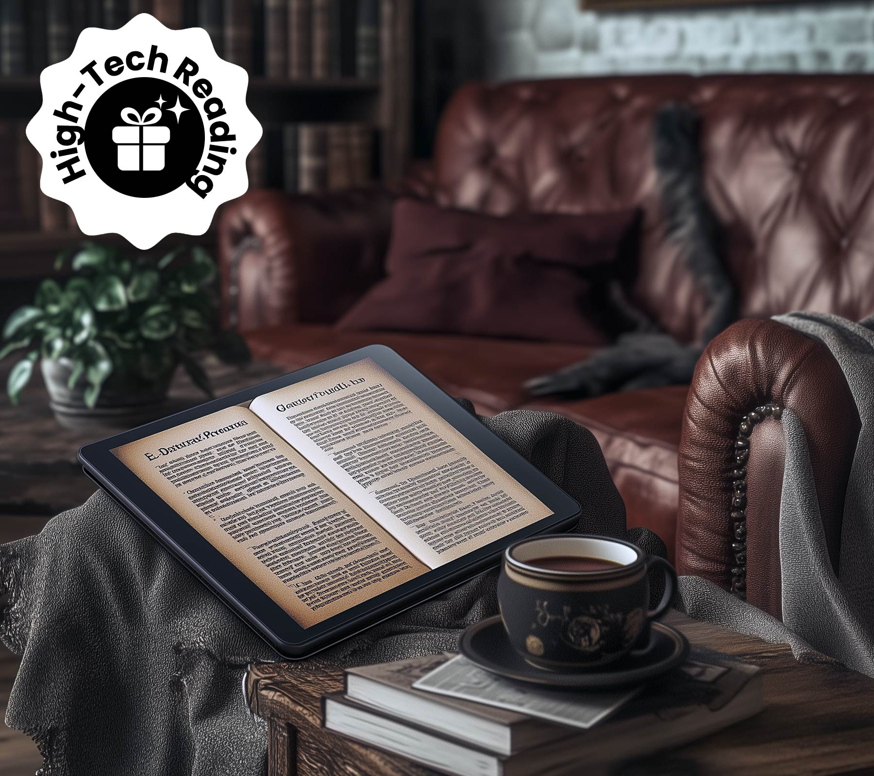 Tablet e-reader on a cozy chair with coffee in a book-filled room