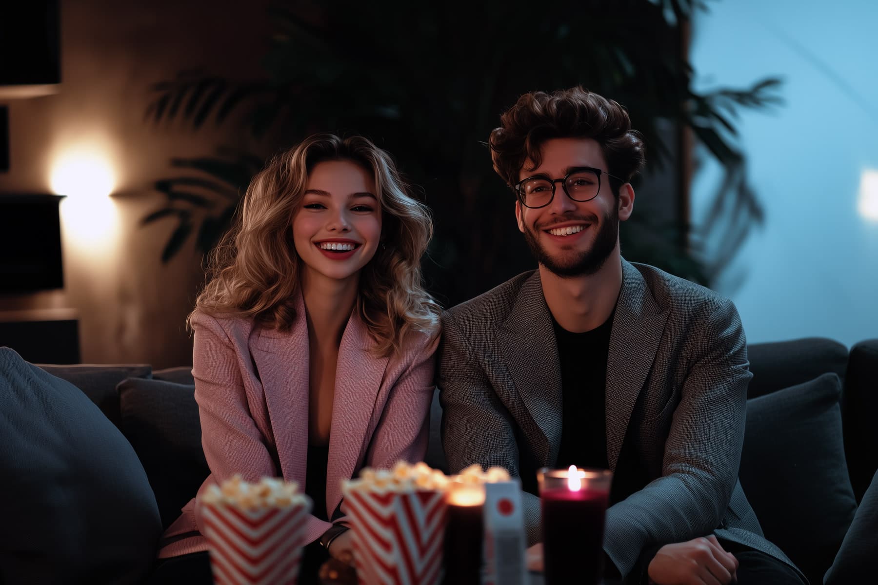 The couple is enjoying a themed movie night at home.