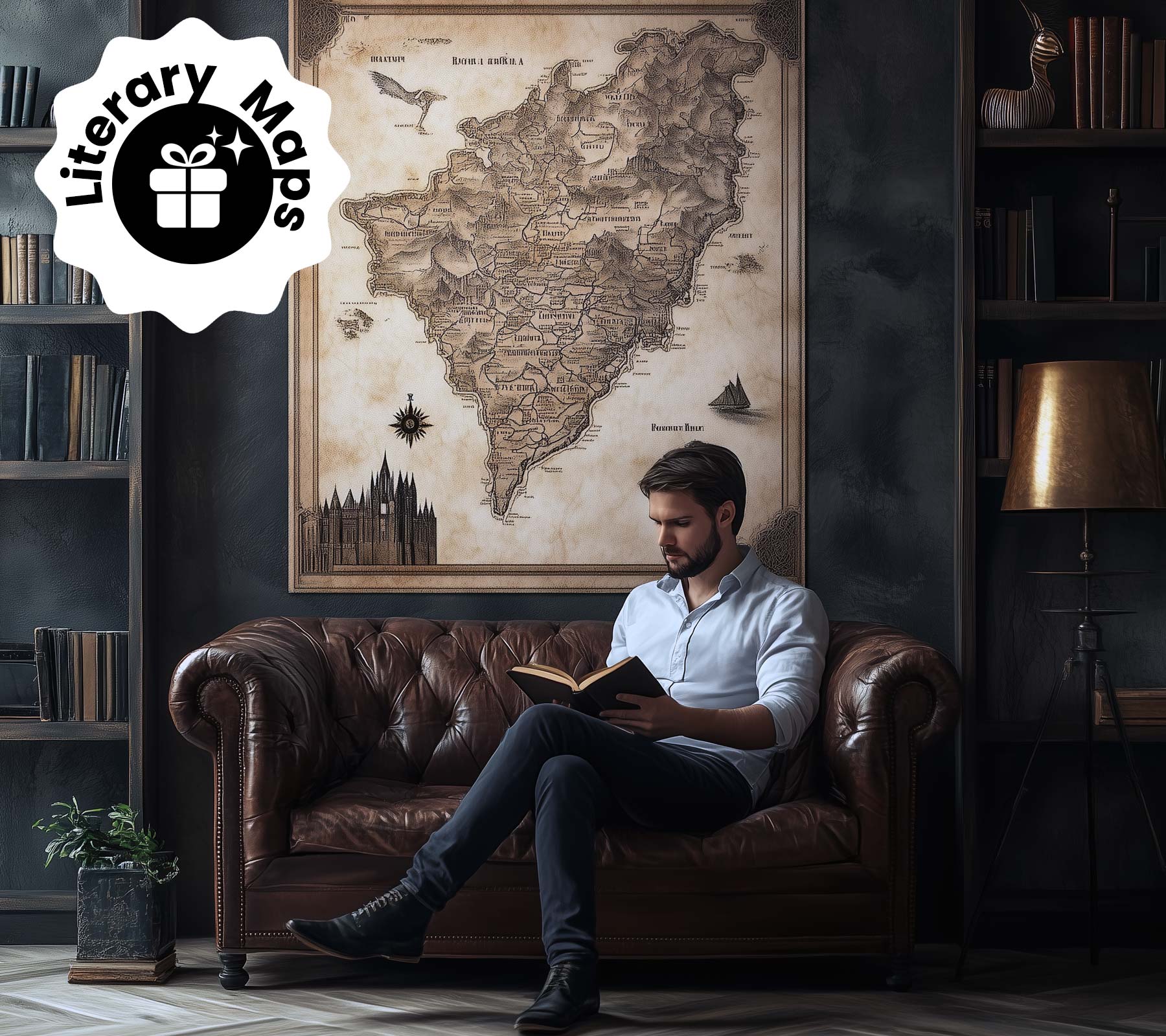 Man reading on the leather sofa with a framed literary map on the wall.