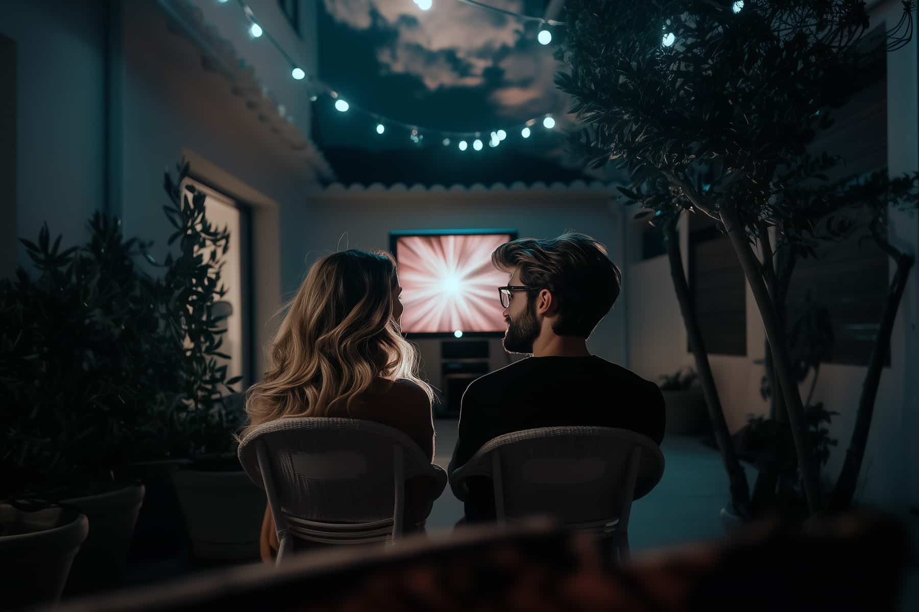 Couple enjoying a movie night with a mini projector outdoors.
