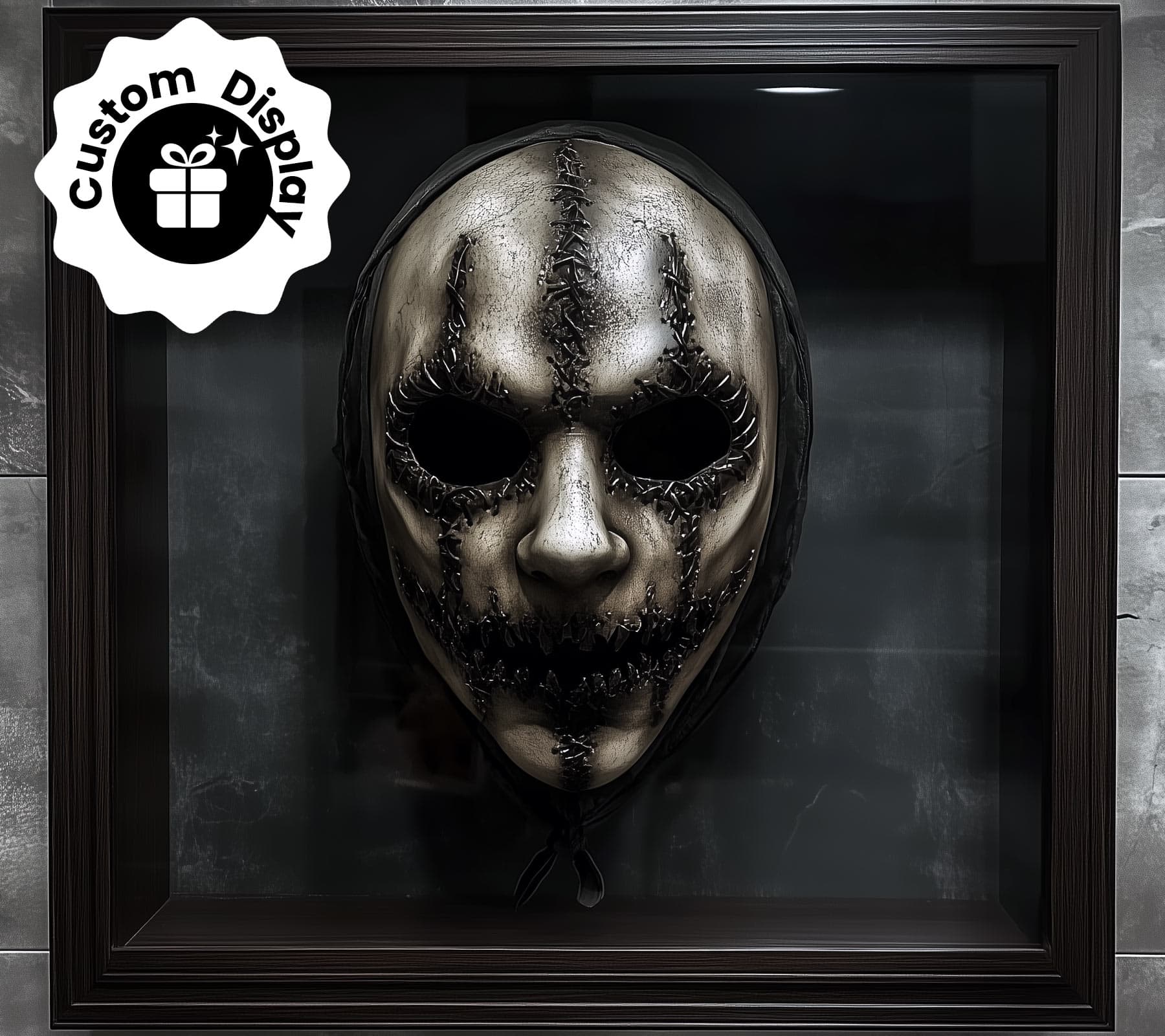 Creepy mask displayed in a custom shadow box