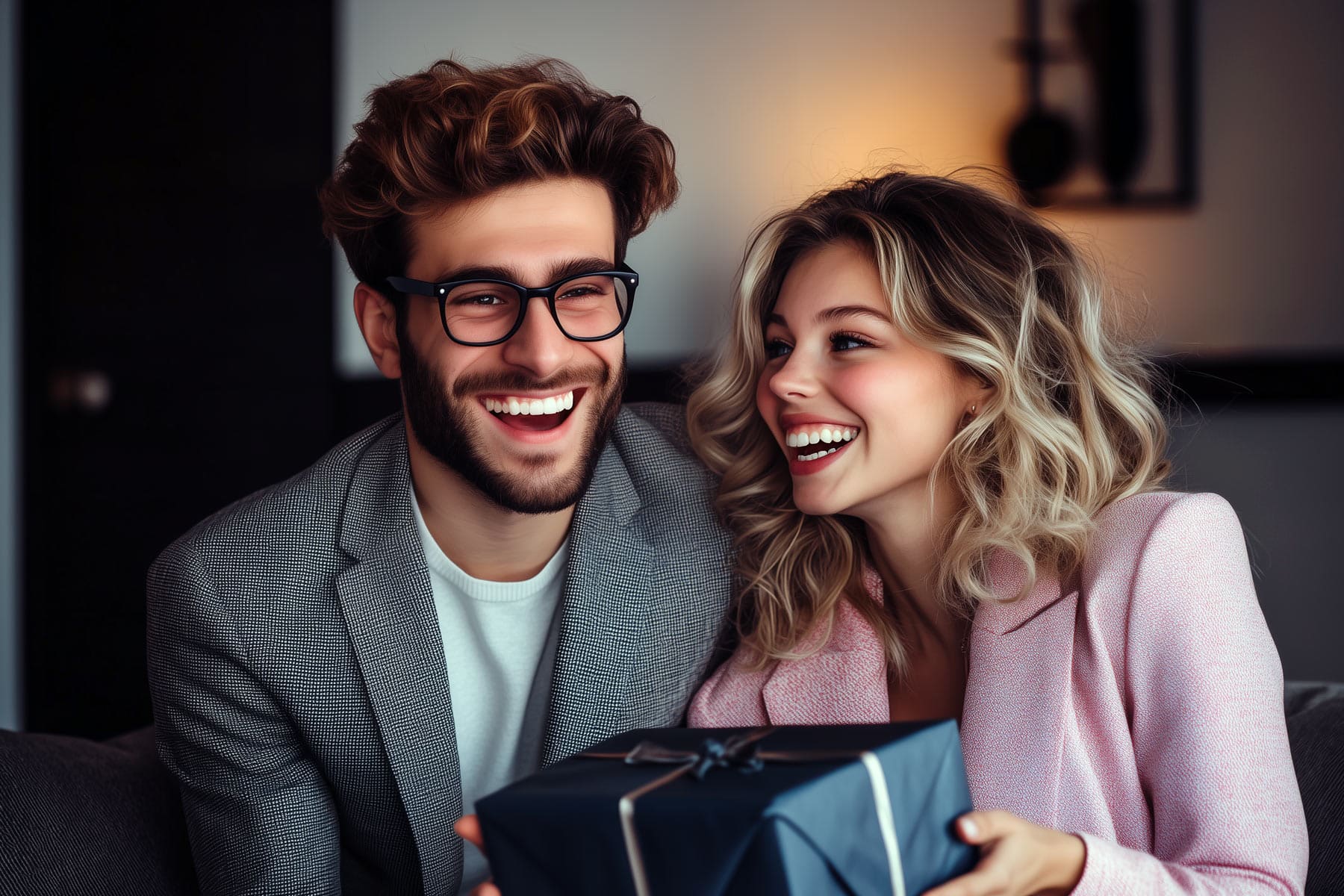 Smiling couple with a wrapped gift.