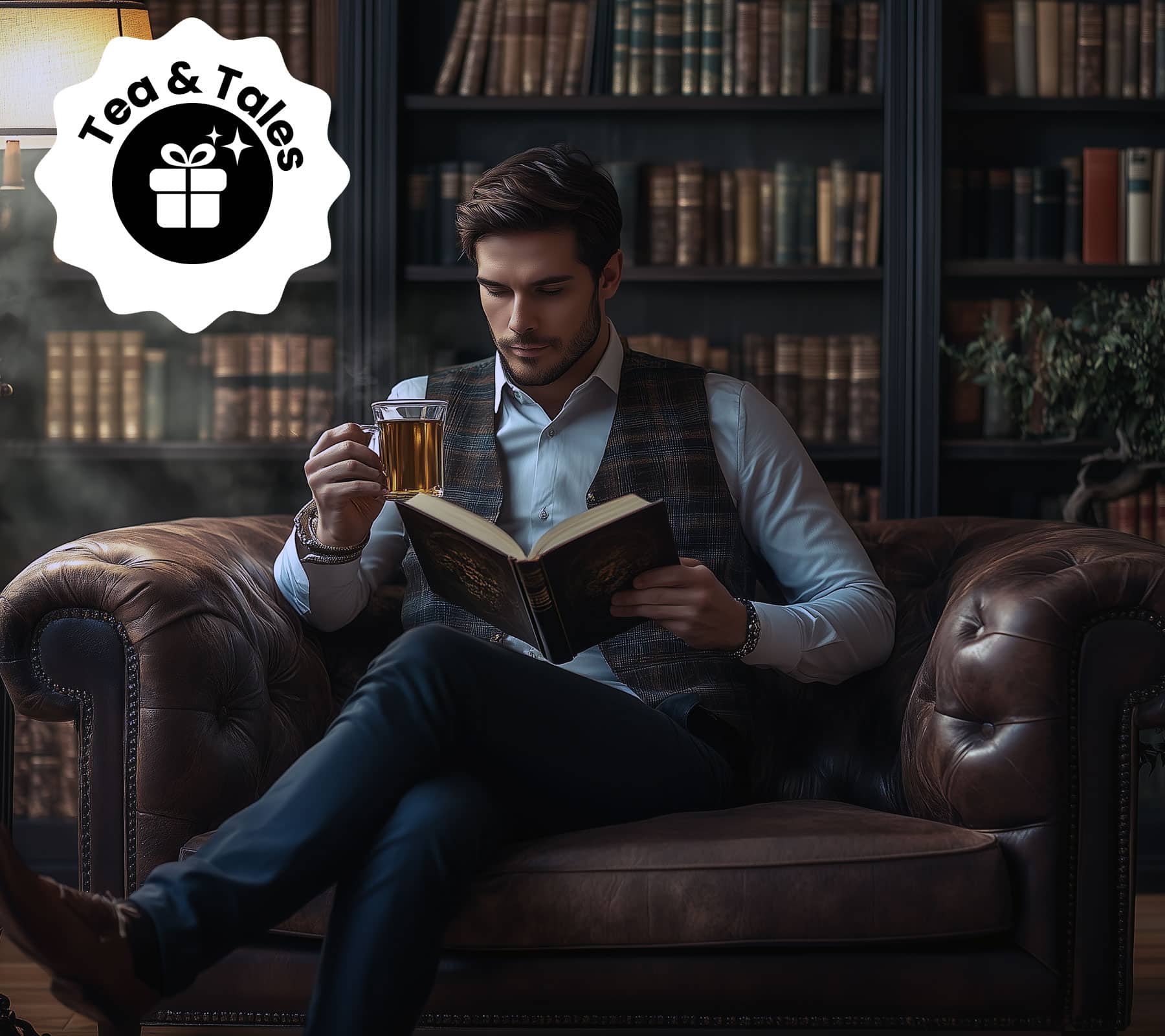 Man enjoying a cup of tea while reading in a cozy library setting.