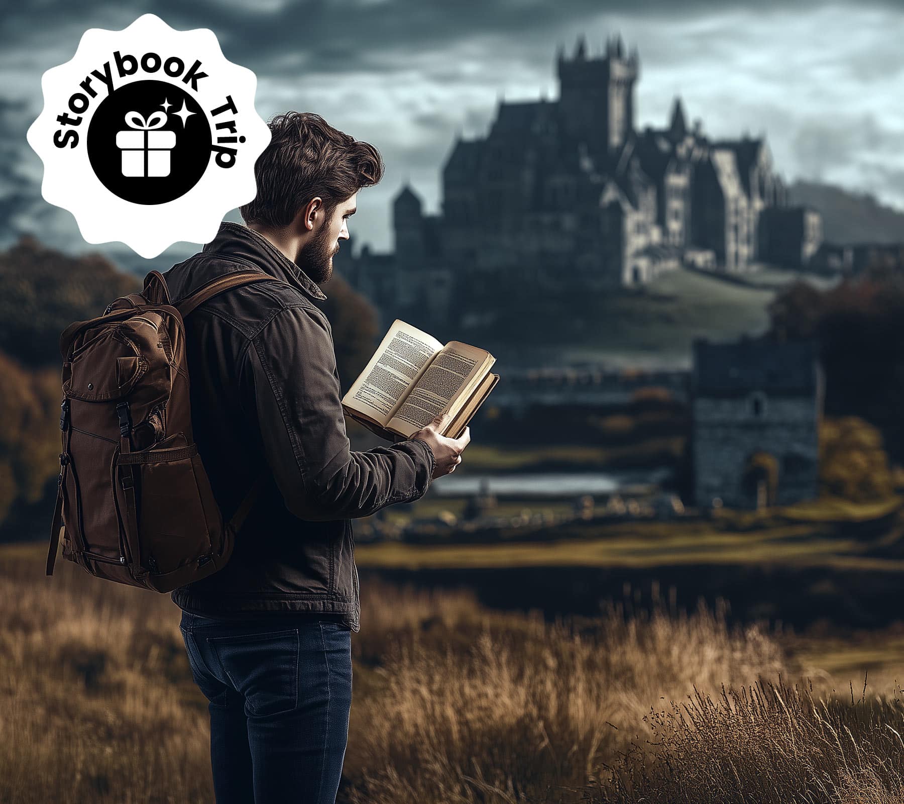 Man reading a book with a medieval castle in the background.