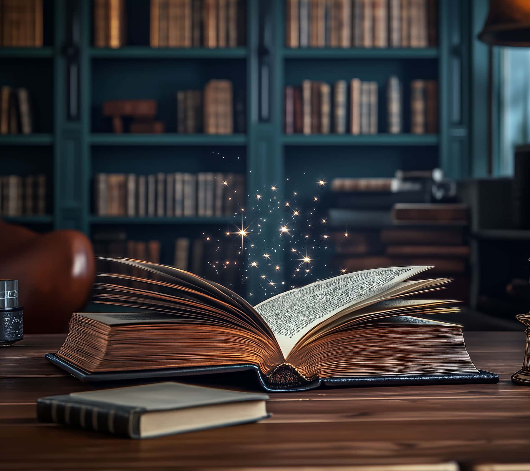 Open book with magical sparkles emanating from its pages in a cozy library