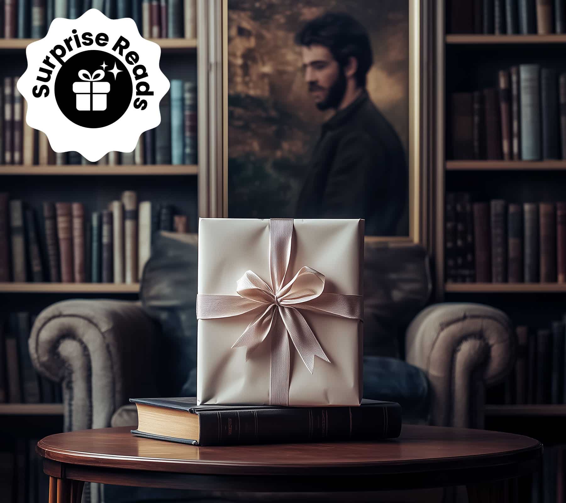 Gift-wrapped book on a table in a cozy library setting