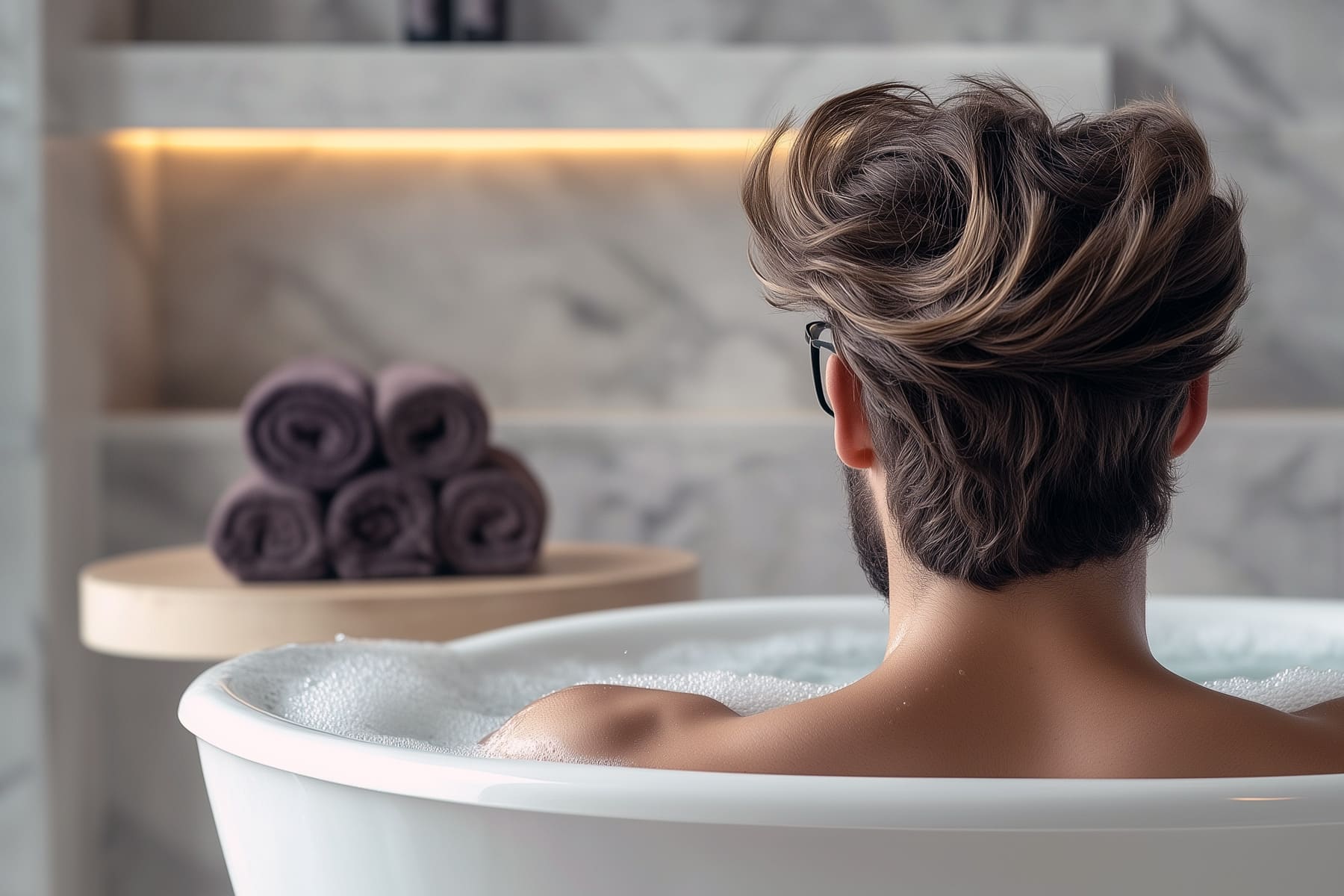 Man relaxing in a luxurious bath with rolled towels nearby.