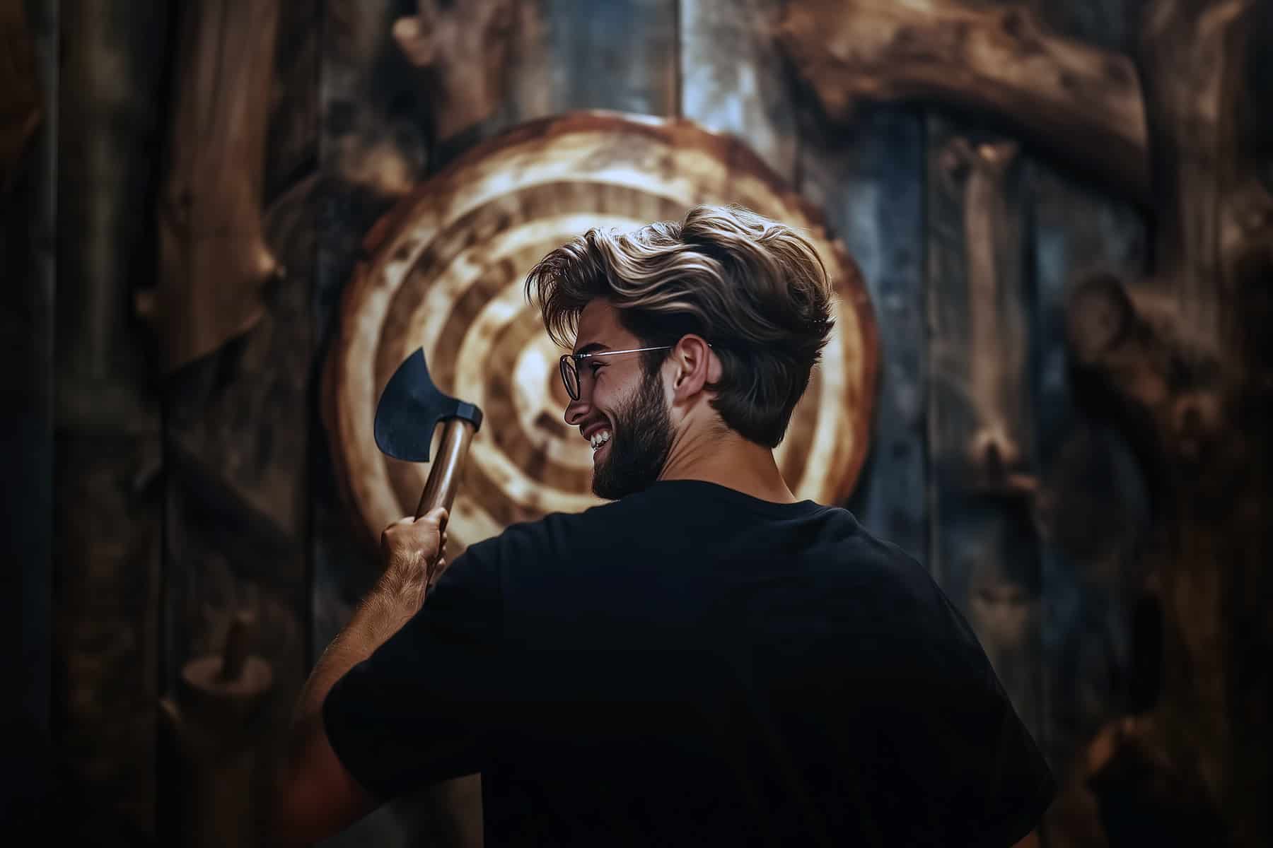 Man enjoying ax throwing at a target.